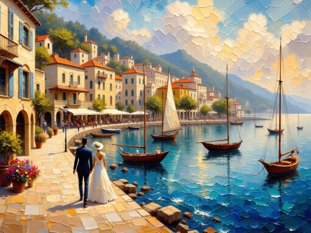 Majestic Boats at Greek Port, Impasto Oil Painting