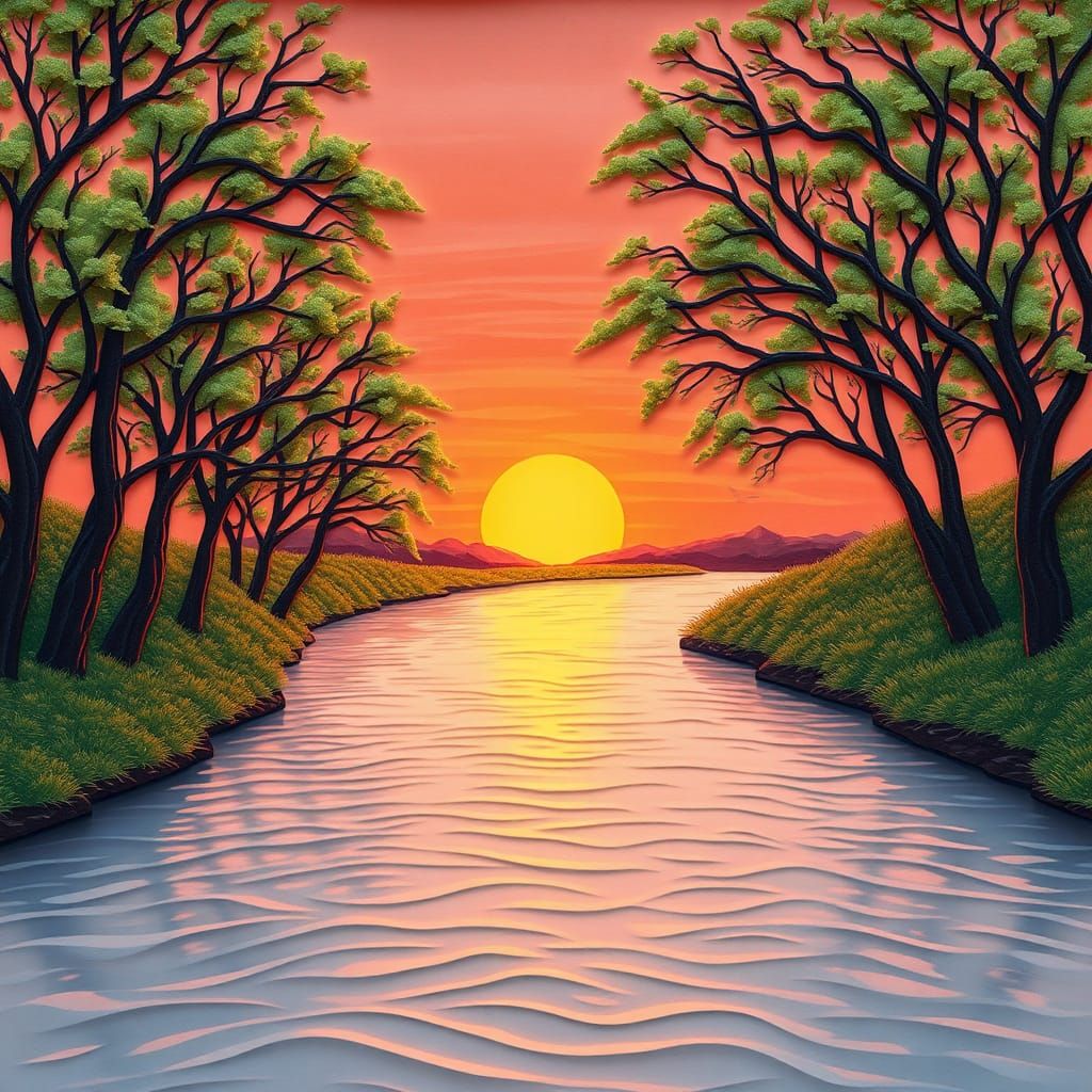 Sunset River Scene as Papercraft Art