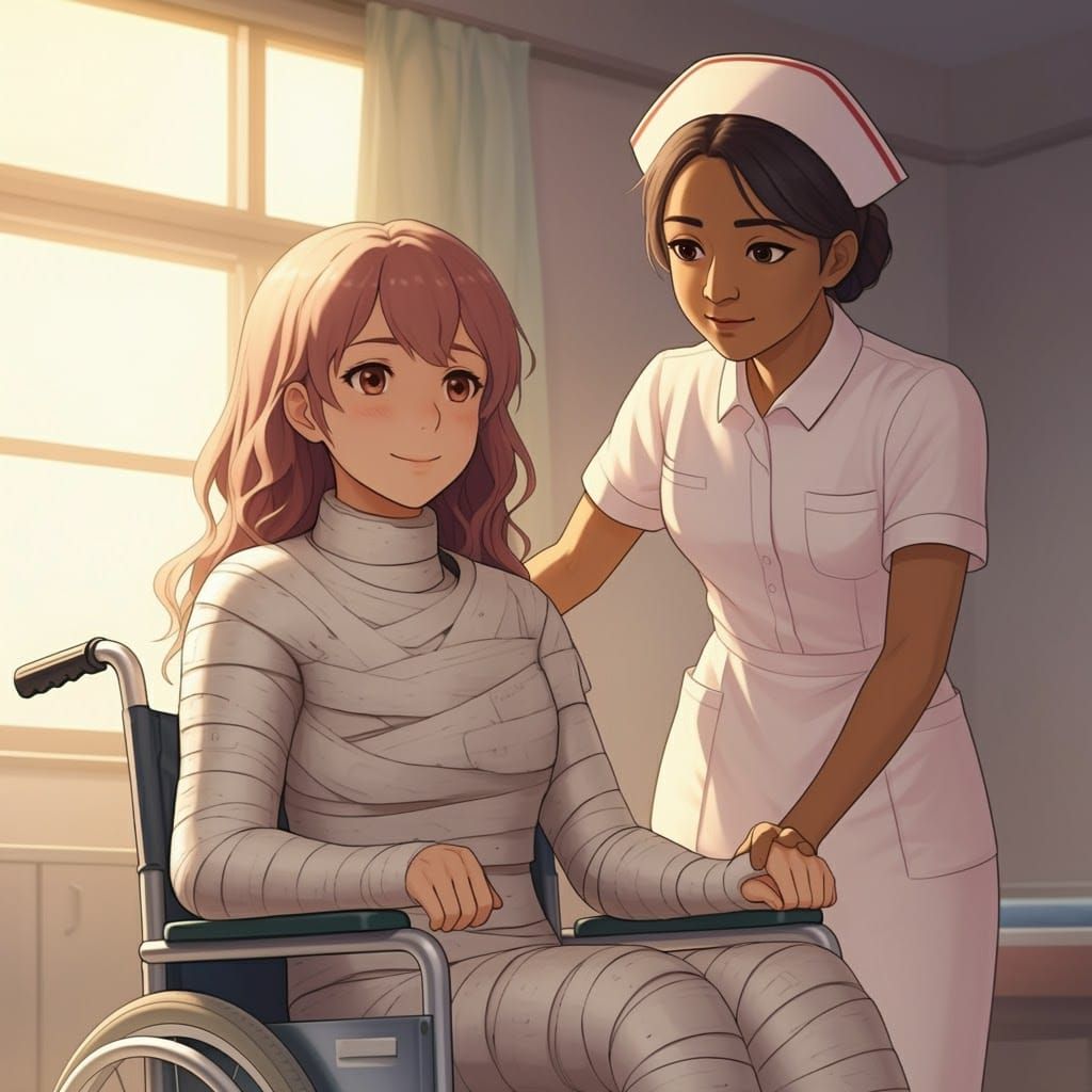 Anime-Style Woman in Full Body Cast with Nurse