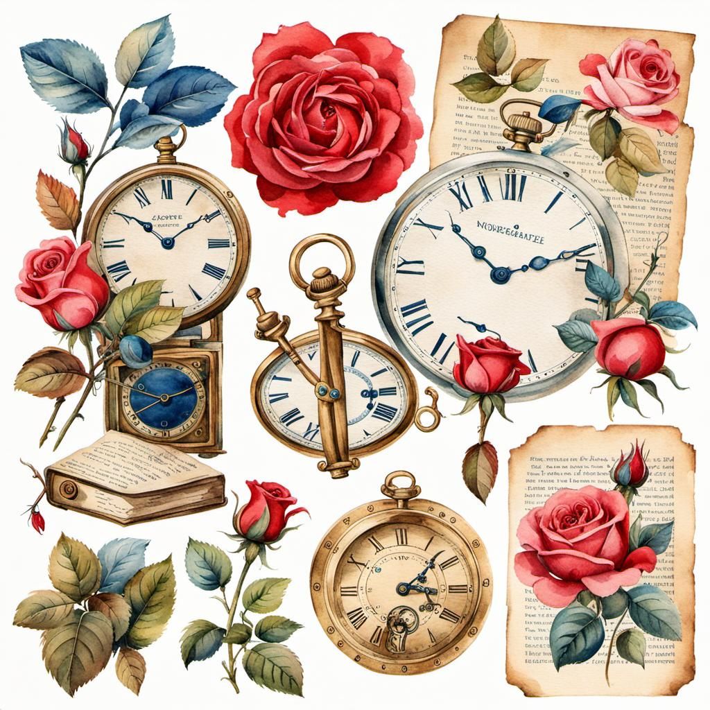 Vintage Watercolor Rose Ephemera Stickers with Pocket Watch