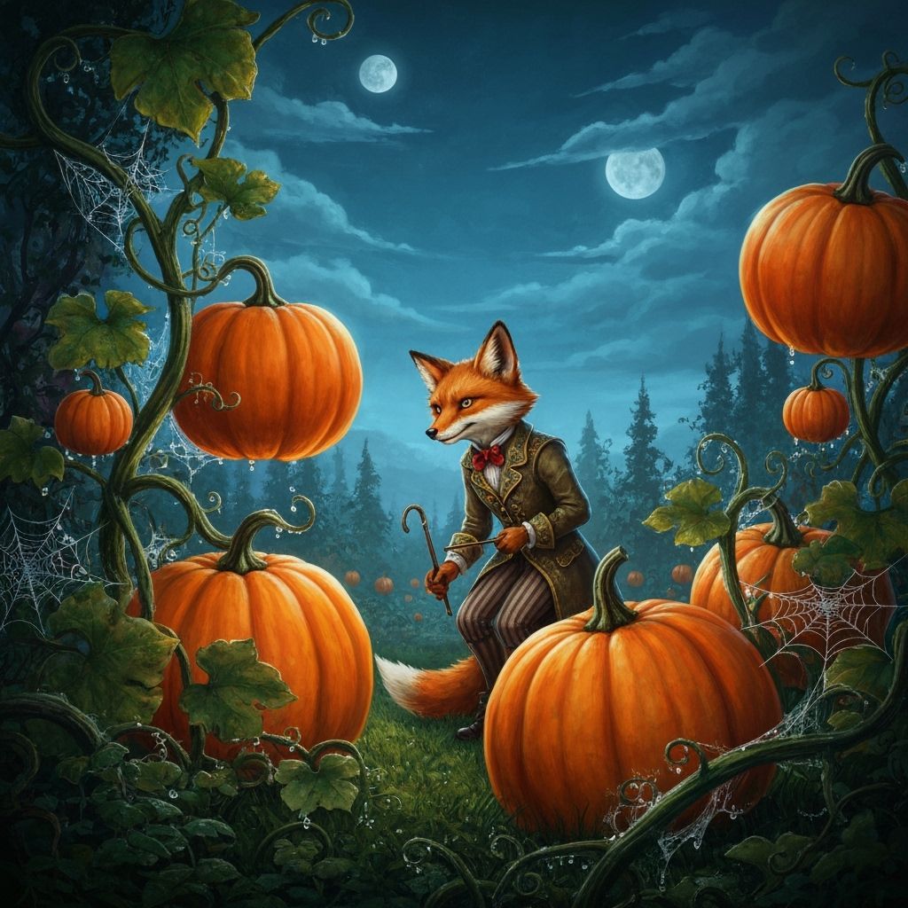 Victorian Fox Tends Glowing Pumpkin Garden Under Twin Moons