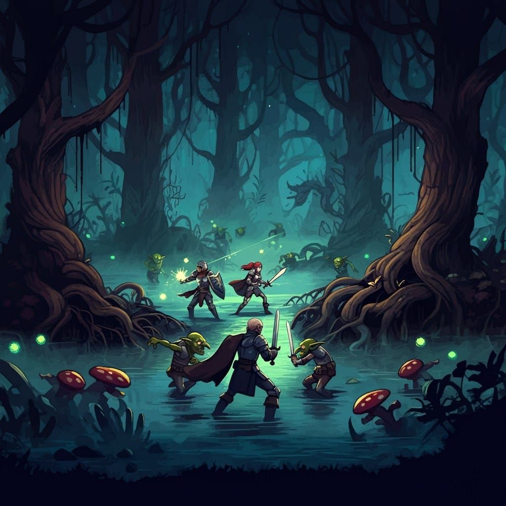 Adventurers Battle Goblins in Misty Forest: Pixel Art