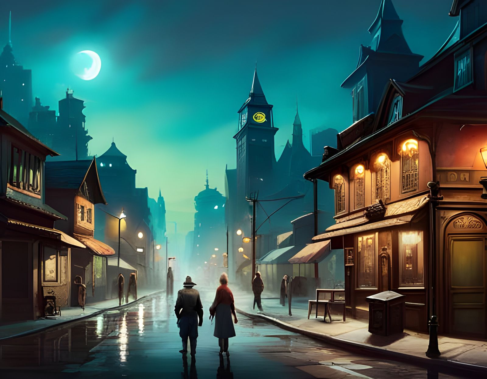 Dieselpunk Street Corner at Night in Film Noir Style