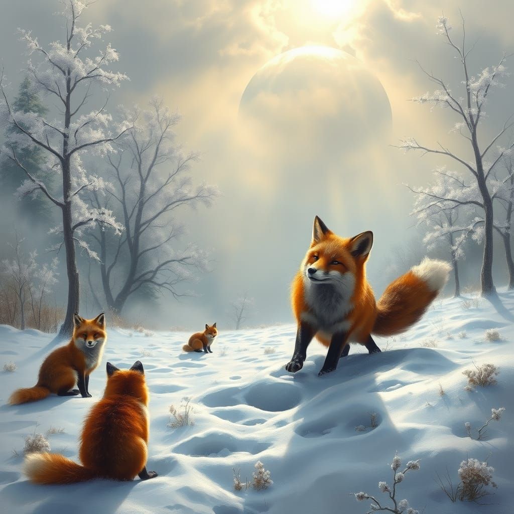 Dreamy Foxes Play in Winter Landscape Painting