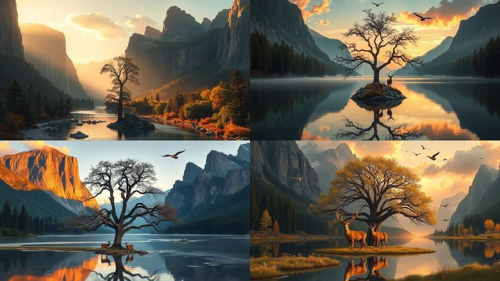 Golden Hour Landscape with Deer and Majestic Tree