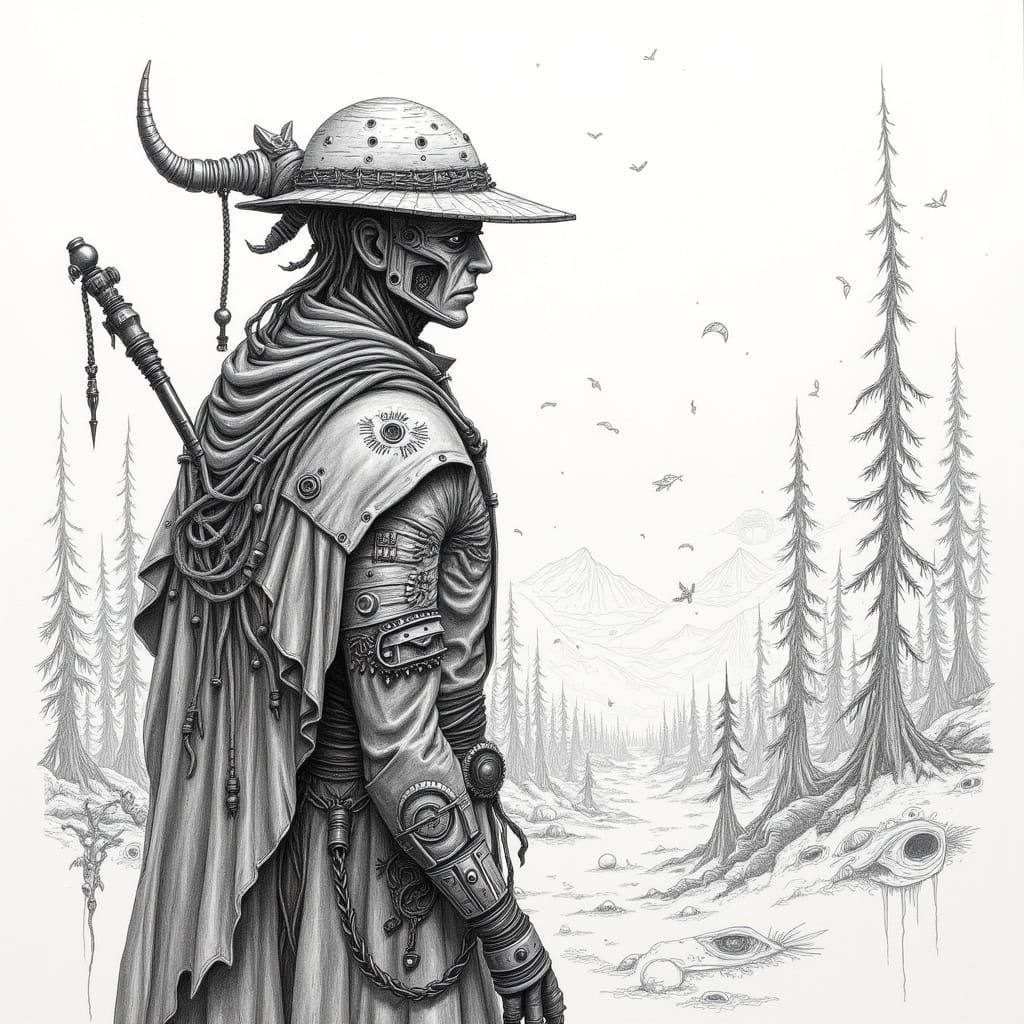 Futuristic Figure Gazing at Forest, Doodle Sketch