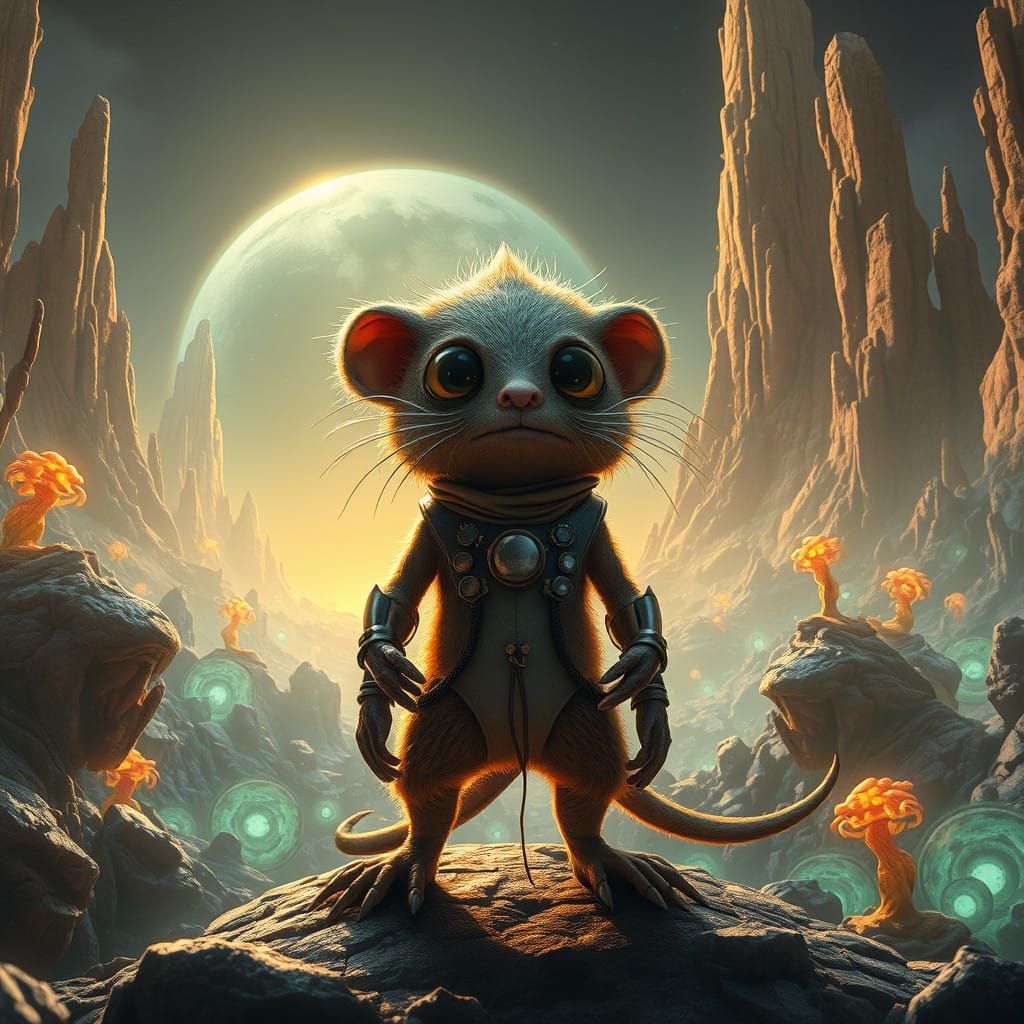 Heroic Alien Muskrat in a Futuristic, Glowing Landscape