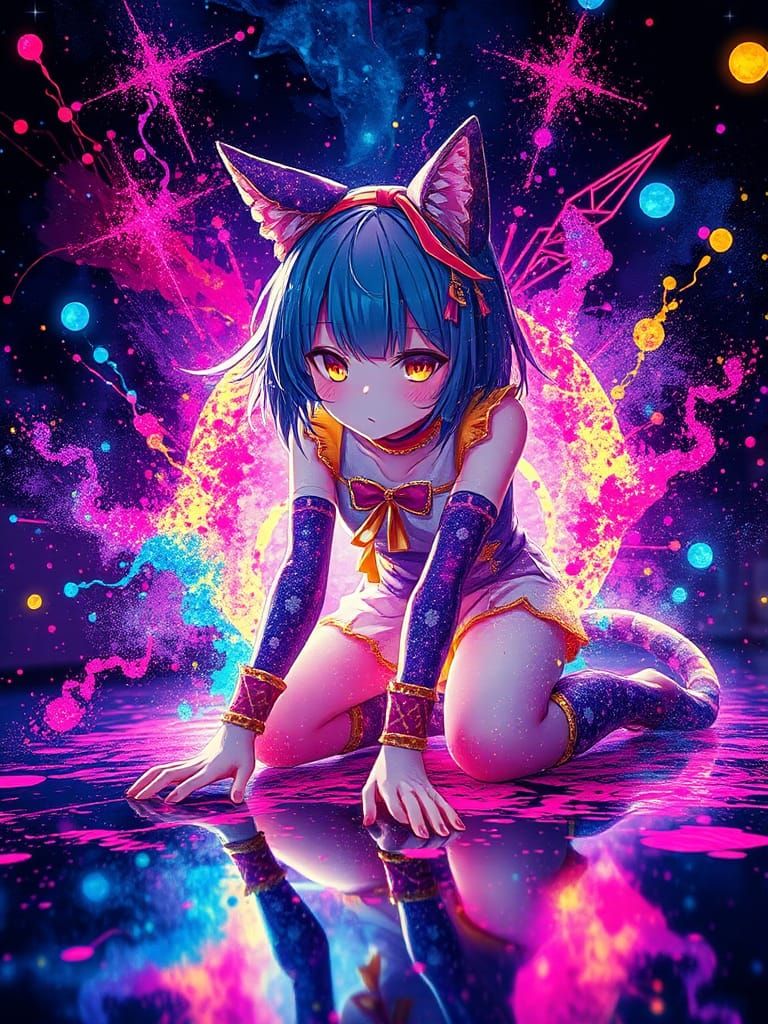Cosmic Anime Catgirl in Neon Psychedelic Double Exposure