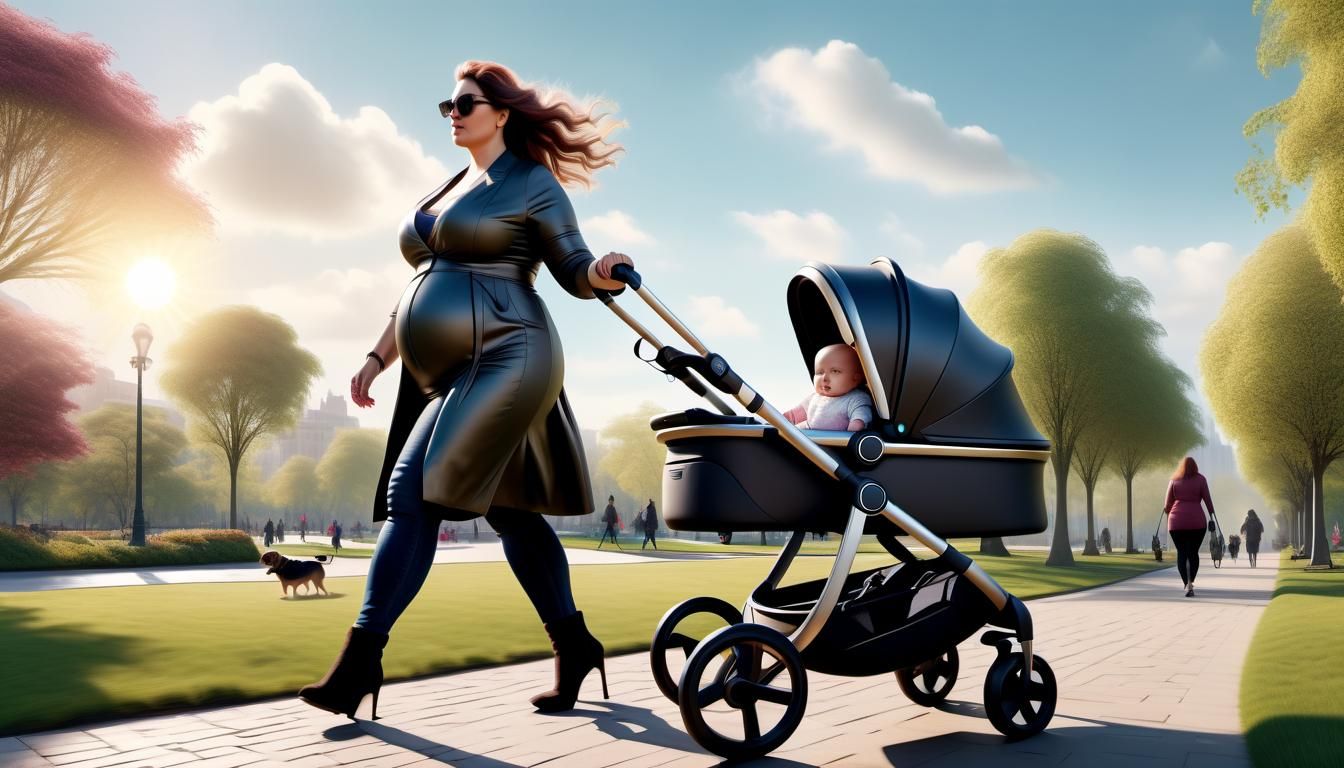 Curvy Woman Strolling with Baby and Dog