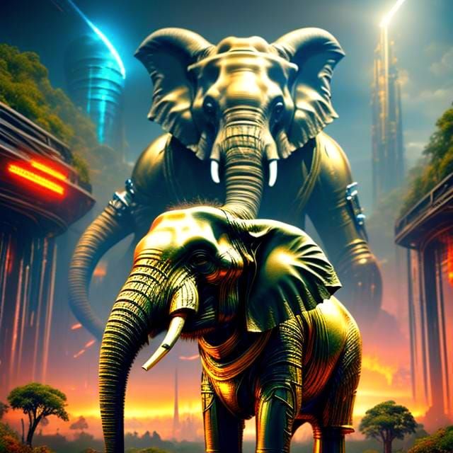 Metallic Cyborg Elephant in Futuristic Zoo
