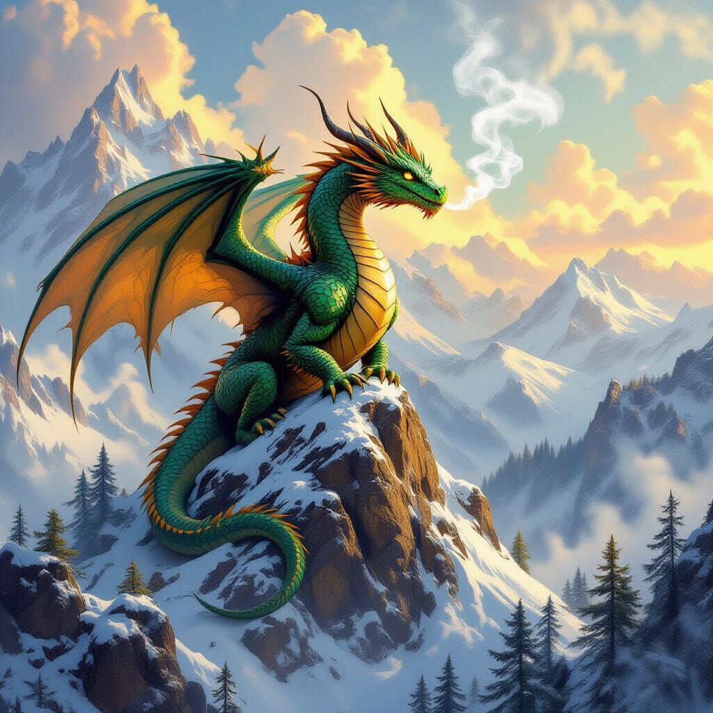 Majestic Dragon on Snowy Peak, Fantasy Art