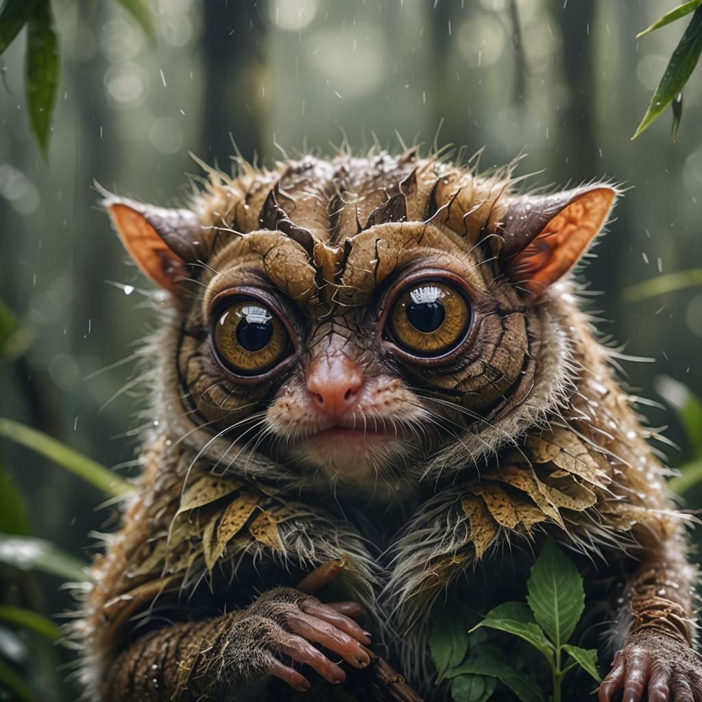 Macro Photo of Realistic Tarsier in Rainforest