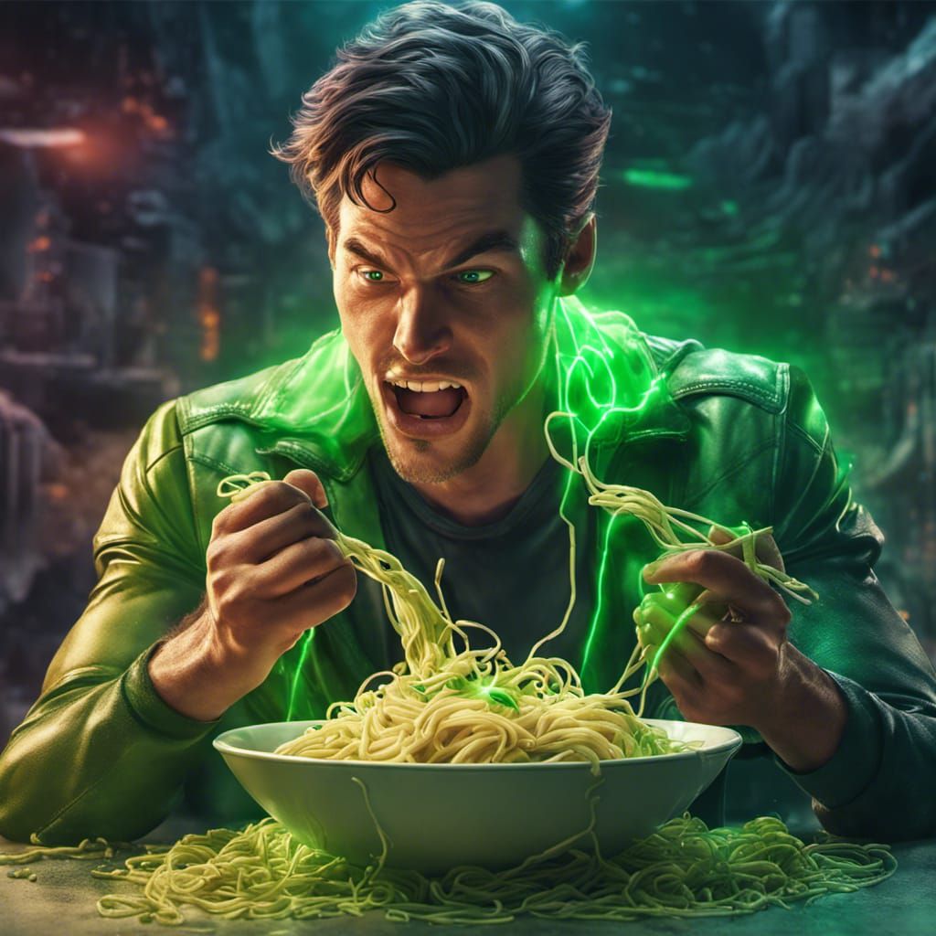 Superman eating kryptonite spaghetti