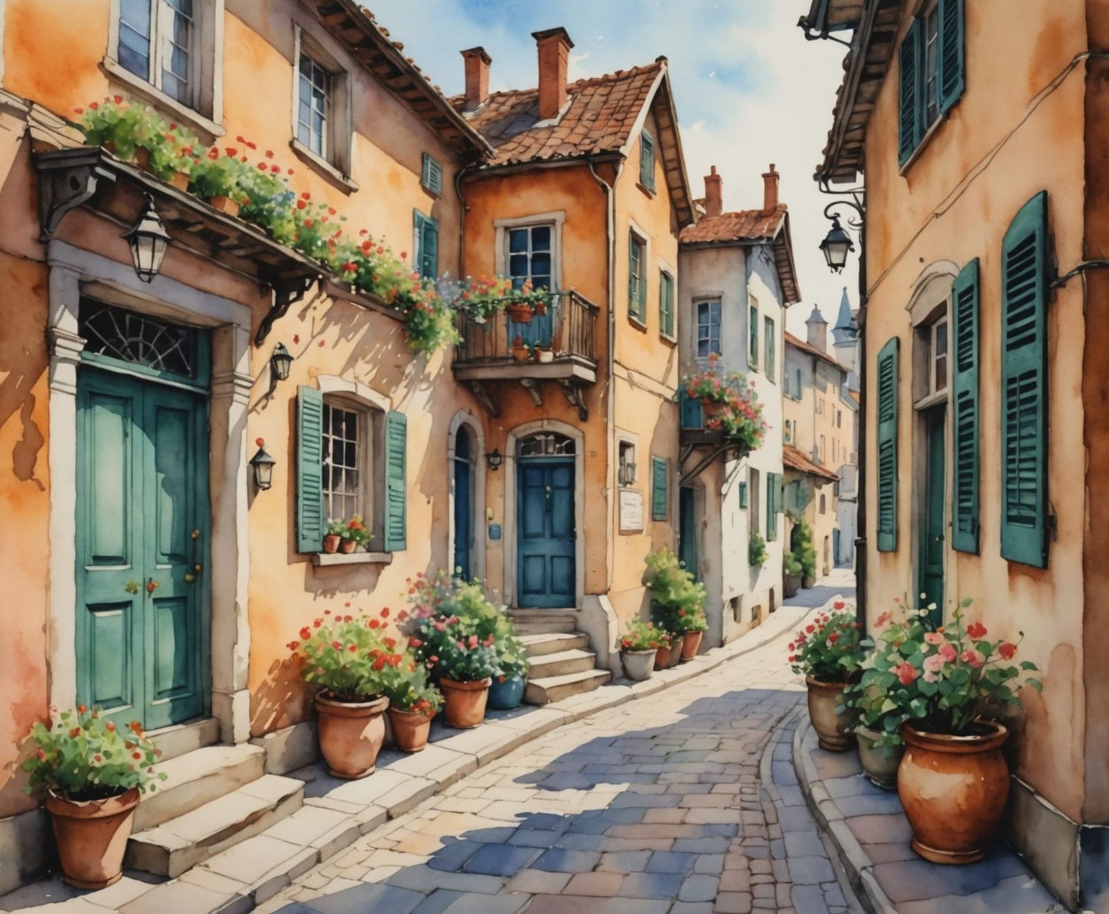 Whimsical Watercolor Town Scene with Lantern and Blooming Bu...