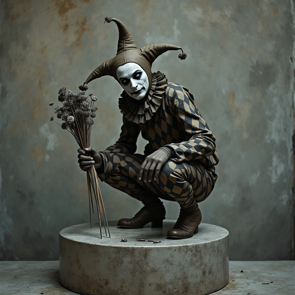 Melancholic Jester on Plinth in Film Noir Style