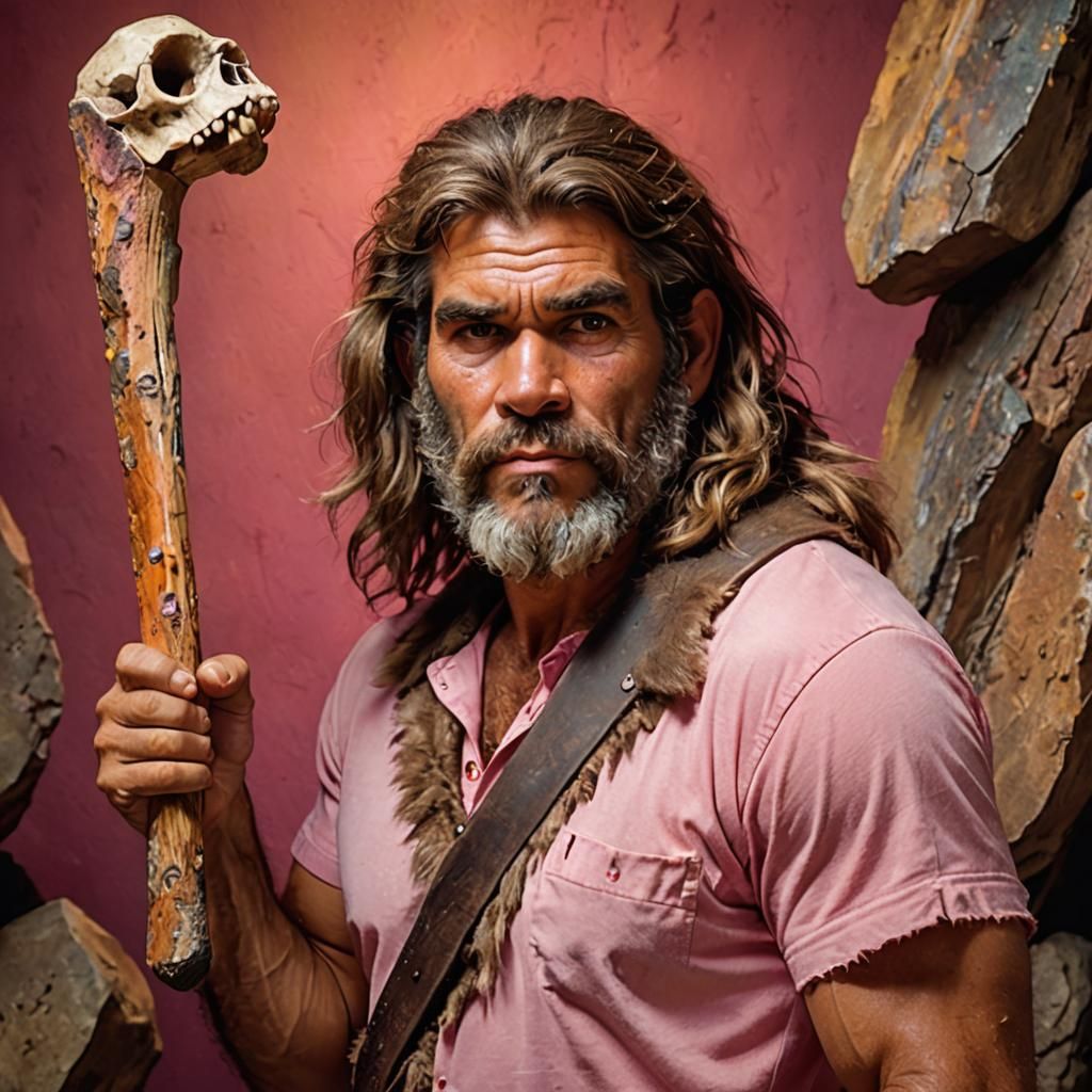 Caveman in Pink Shirt Holding Bone Club
