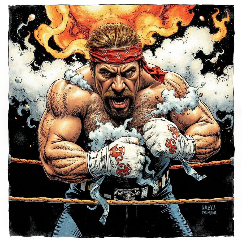 Wrestler Battles in Cloud Ring, Intricate Ink Art