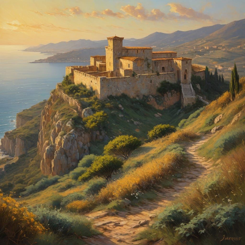 Impressionist Byzantine Fortress in Warm Golden Light