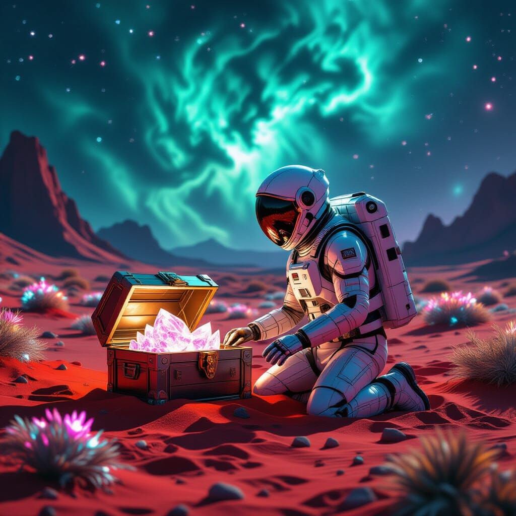 Astronaut and Crystalline Treasure on Alien Planet