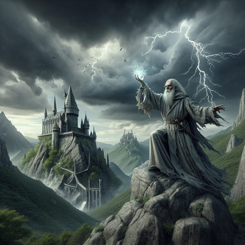 Realistic Fantasy Art of Wizard Casting Spell on Mountain Pe...