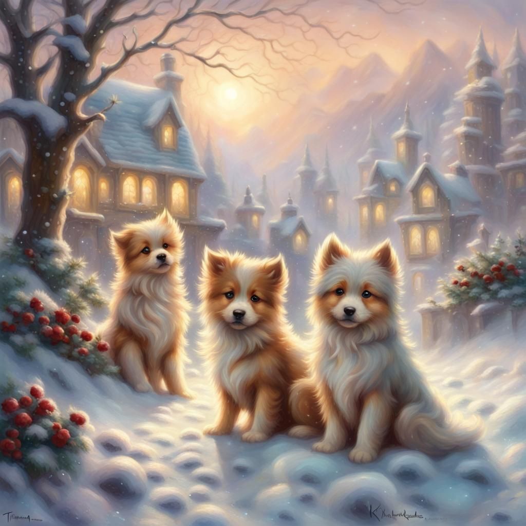 Cute Puppies in Snowy Fantasy Landscape