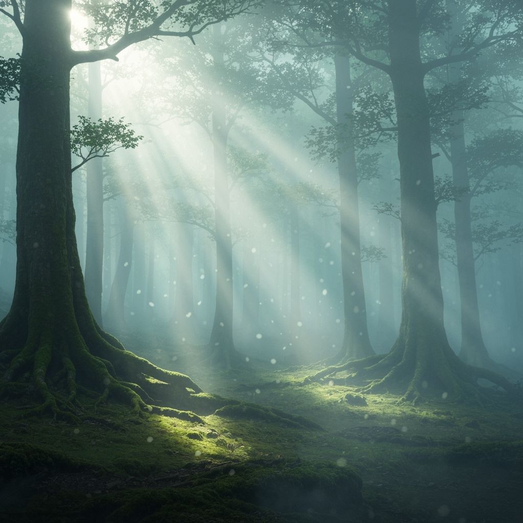 Misty Ancient Forest with Ethereal Sunbeams
