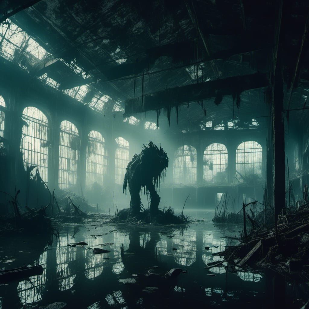 Macabre Creature Silhouette in Flooded Factory