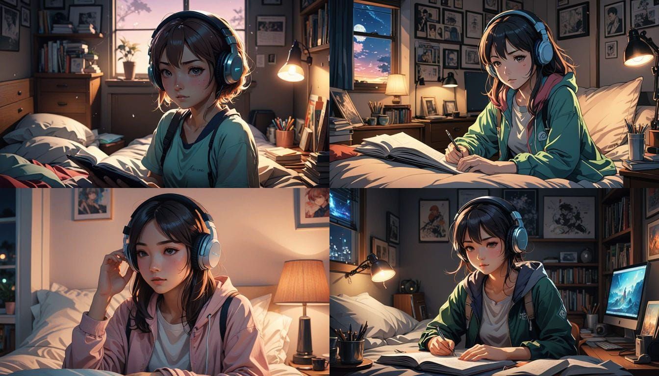 Girl Studying in Cinematic Anime Style