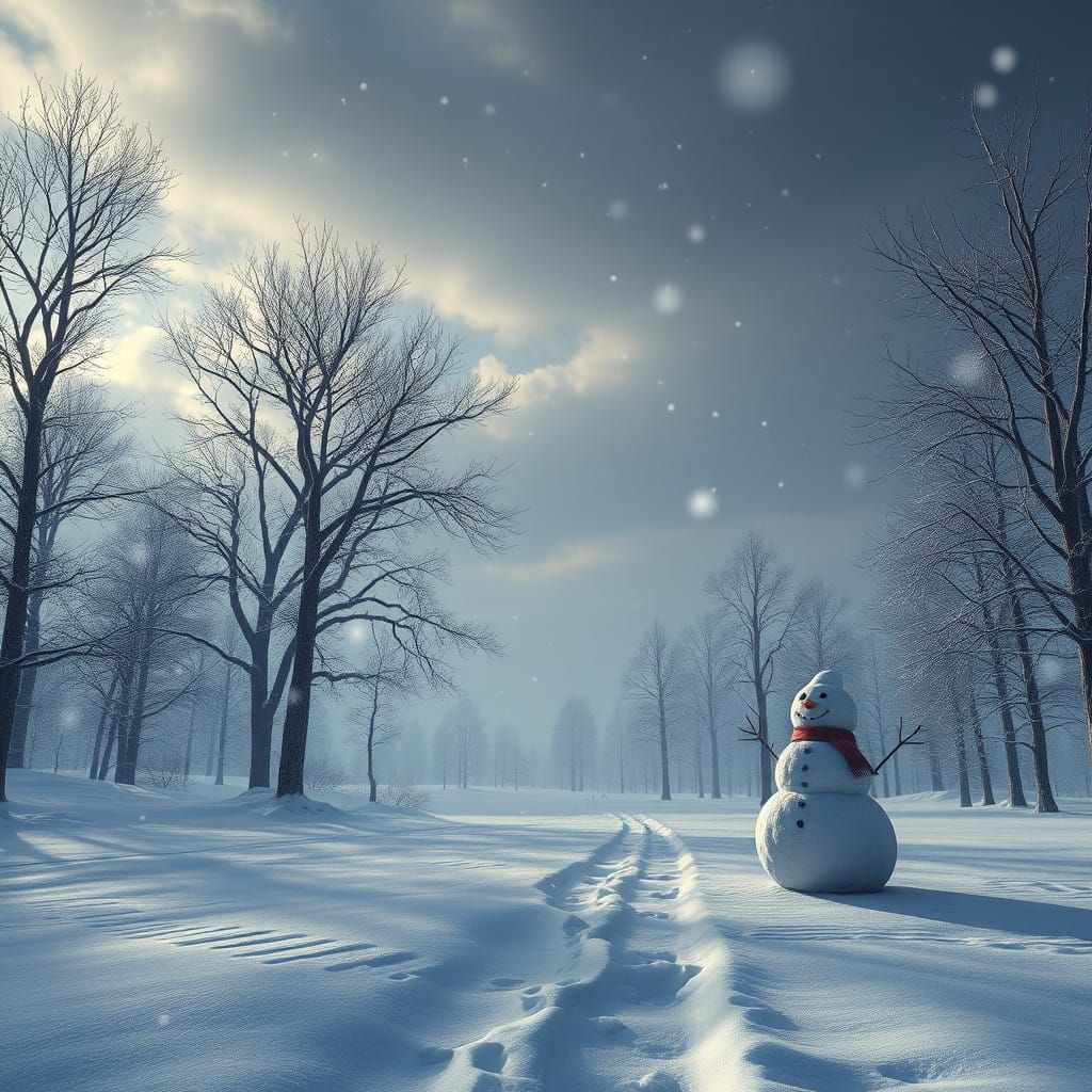 Frosted Fantasy World with Snowman and Trees