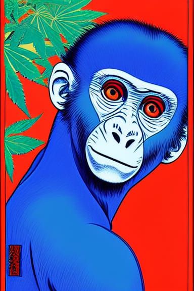 Psychedelic Blue Monkey Portrait in Retro Style