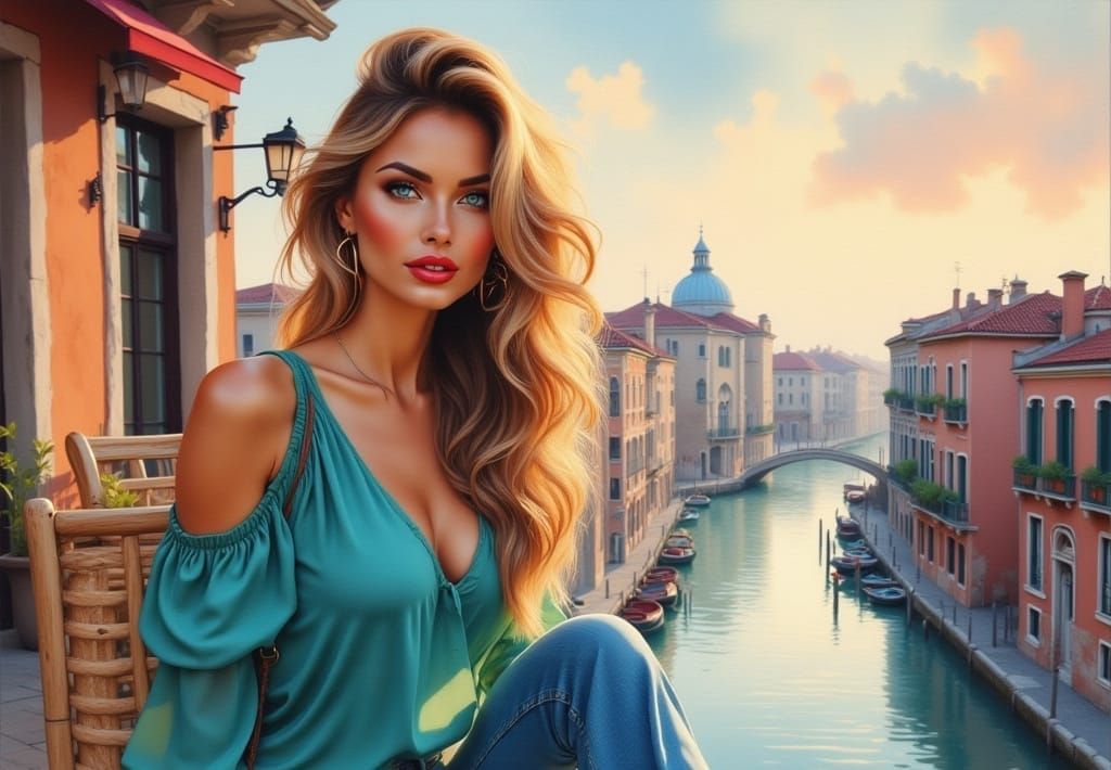 Venice Sunset: Pretty Woman in Oil Painting Style