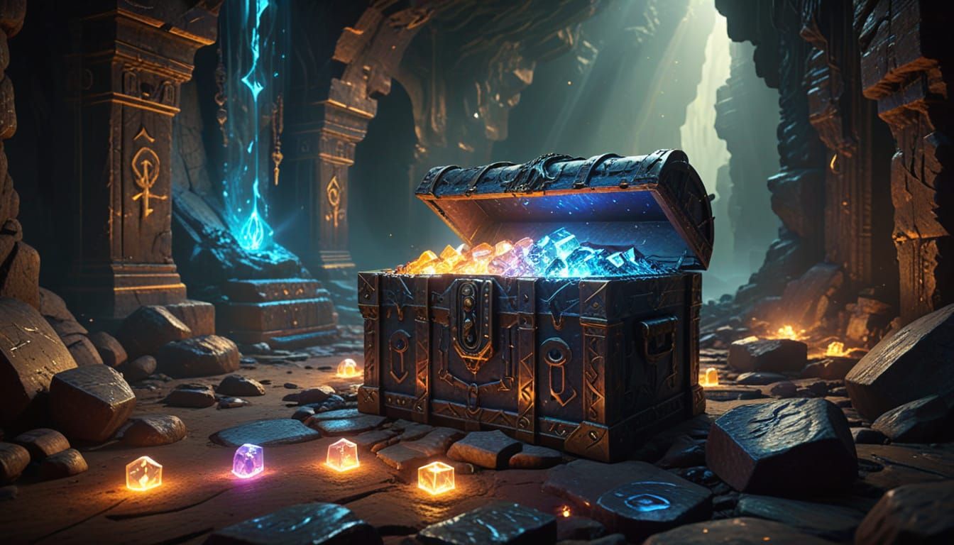 Mystical Treasure Chest Floating in Cavern