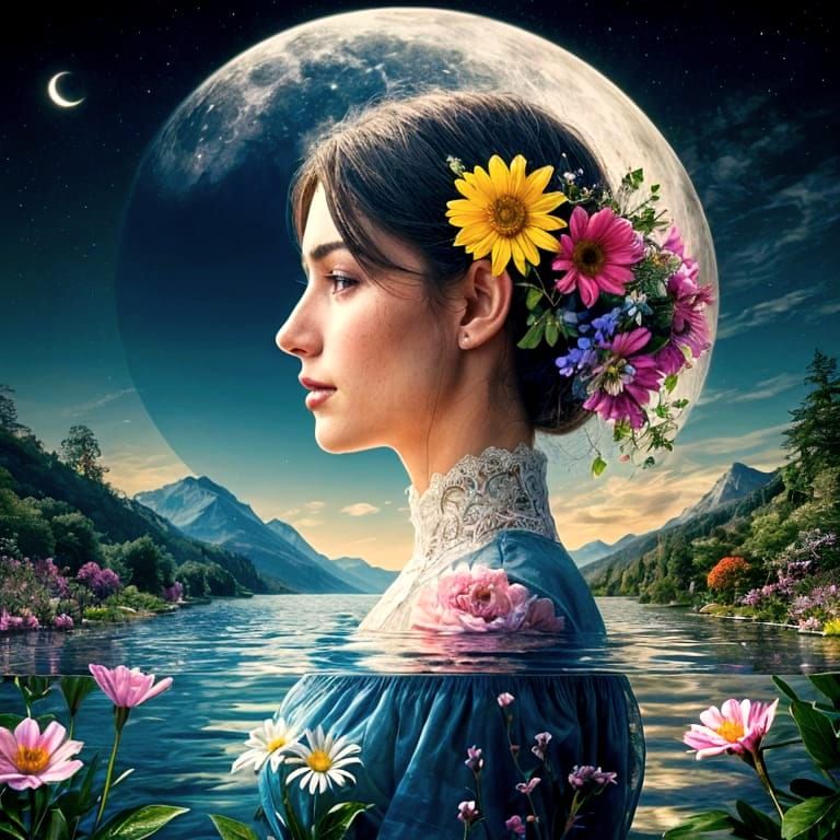 Double exposure. Side profile portrait of a beautiful woman....