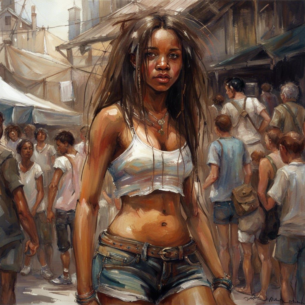 Curvy Brunette in Public Market, Detailed Fantasy Art