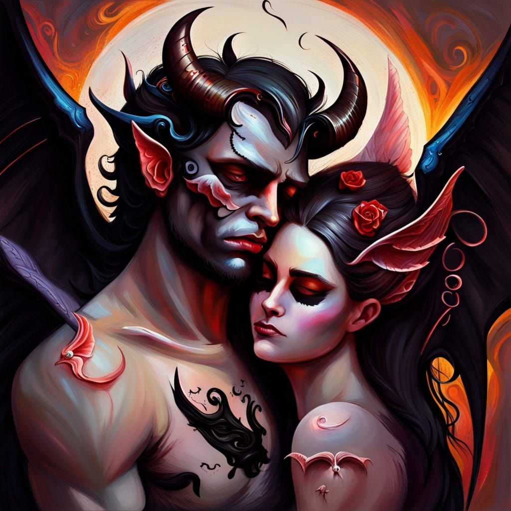 Demon and Angel Embrace in Hyperrealistic Style