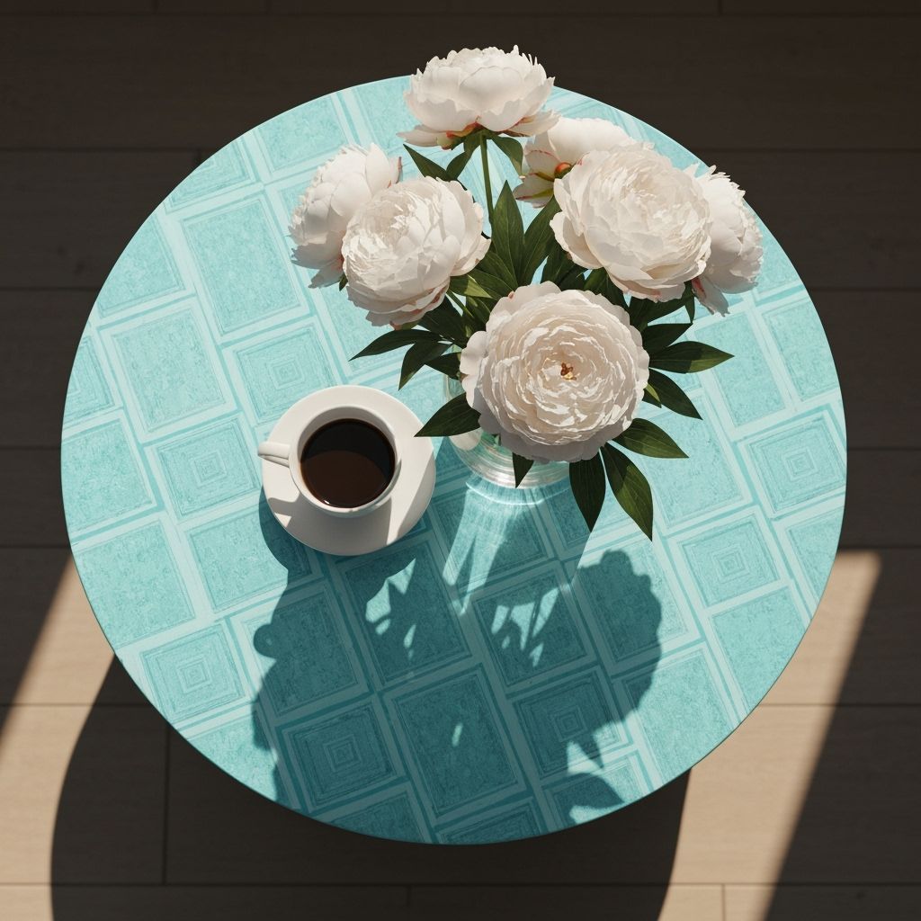 Round Coffee Table with Peonies and Coffee, Sunlight