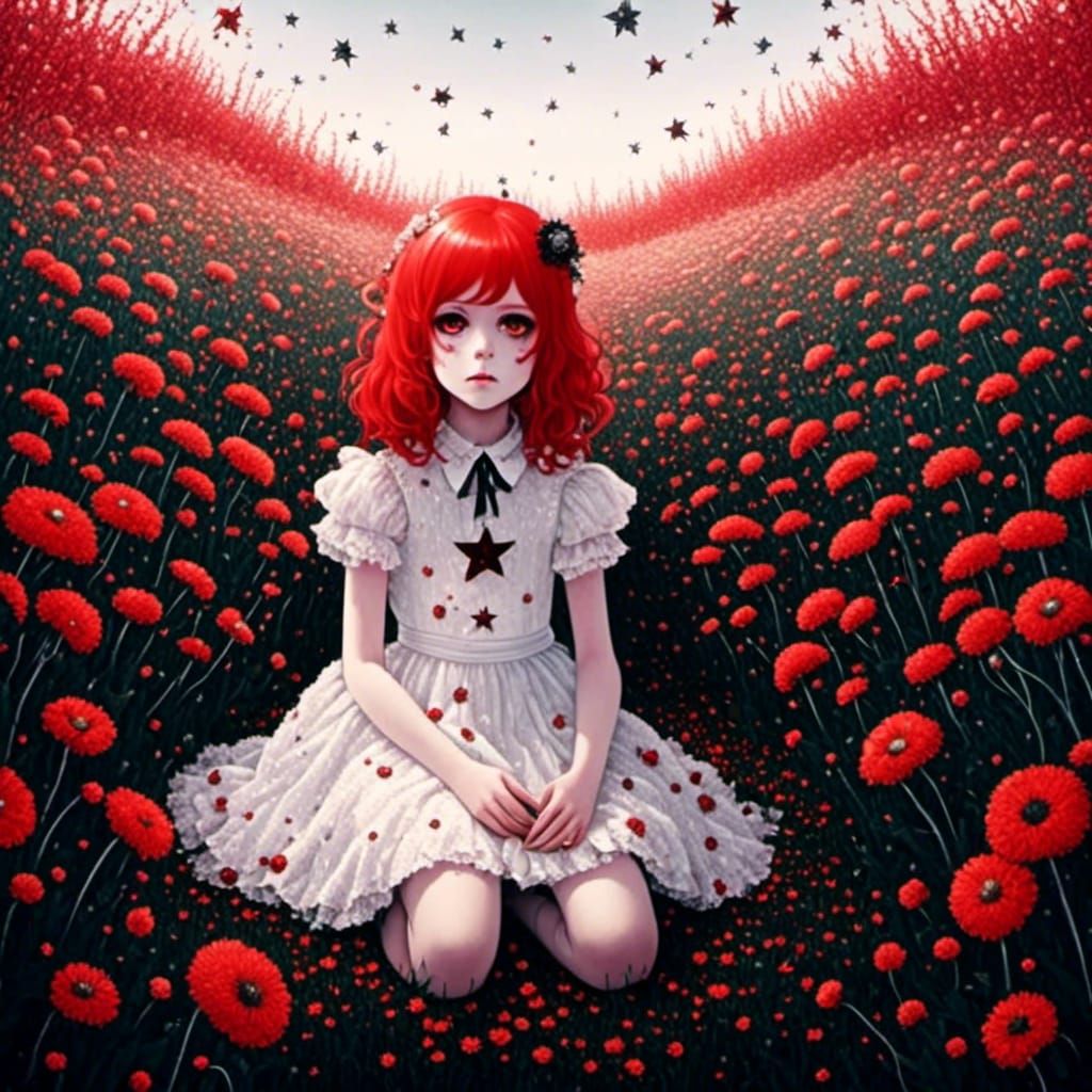 Anime Girl in Flower Field at Golden Hour