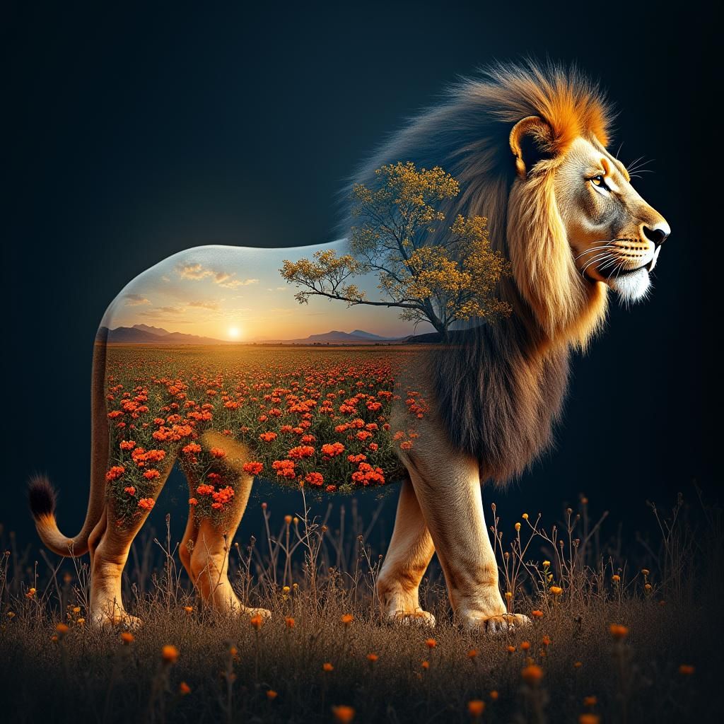 Hyperrealistic Lion Double Exposure with Savannah Scenes