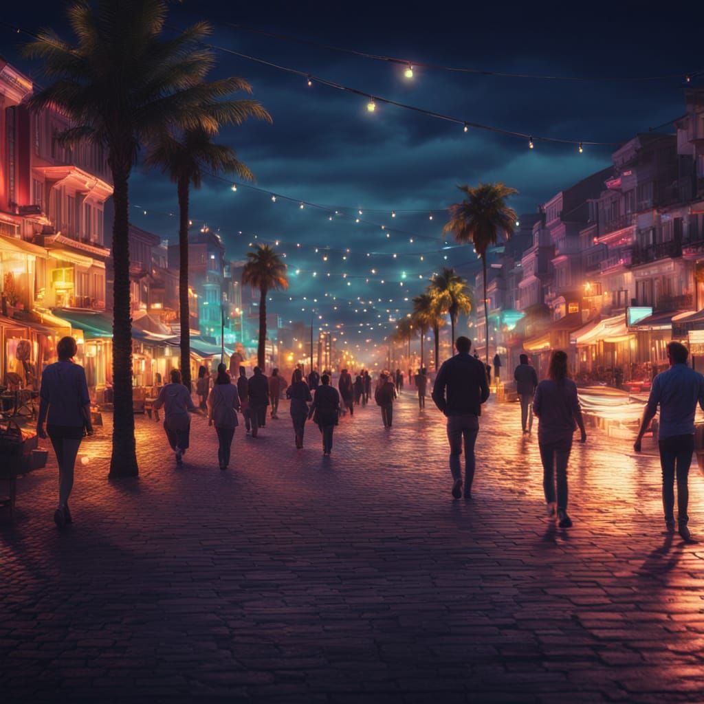 Vibrant Seaside Boulevard Aglow With Lights at Night