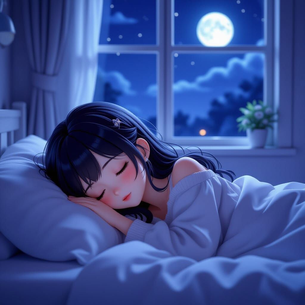 Cute Anime Girl Sleeping Peacefully in Moonlit Room
