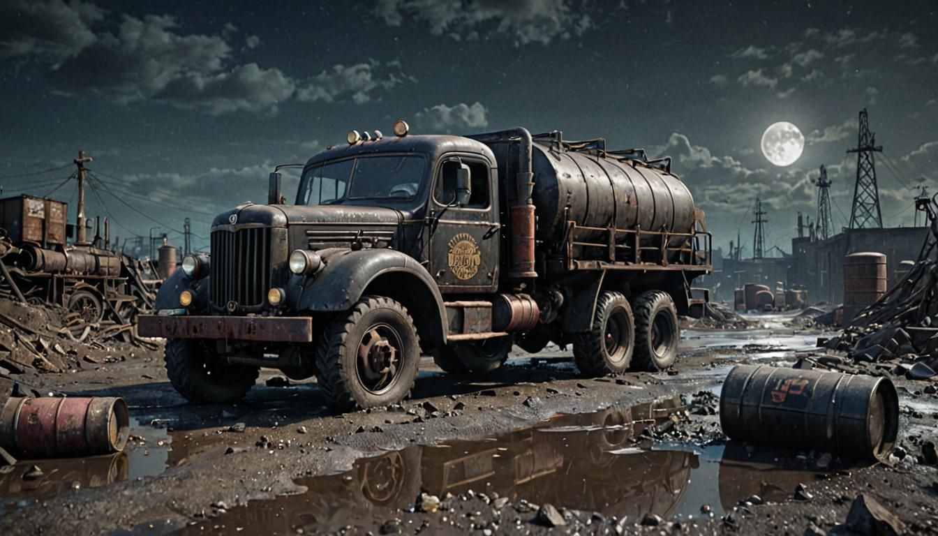 Creepy Black Truck in 1940s Industrial Wasteland