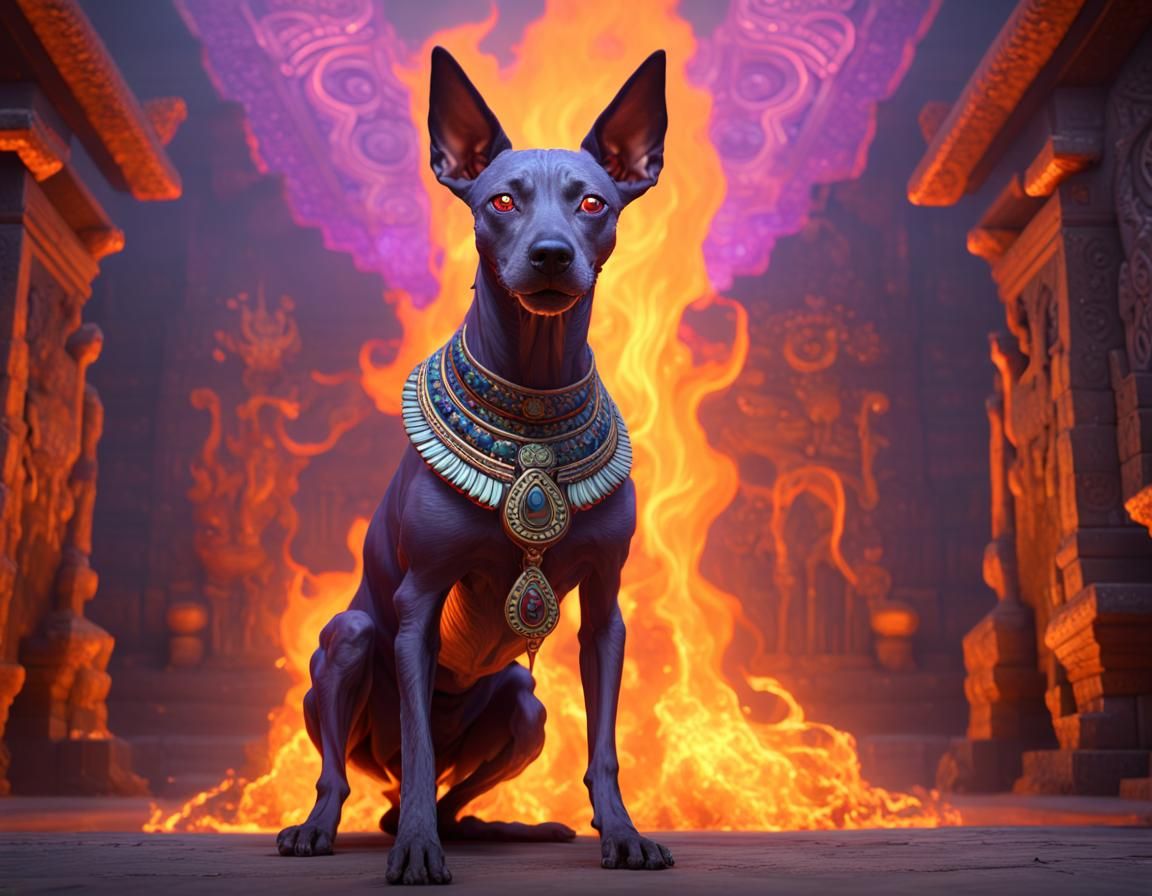 Fiery Xoloitzcuintle Guardian of the Aztec Underworld