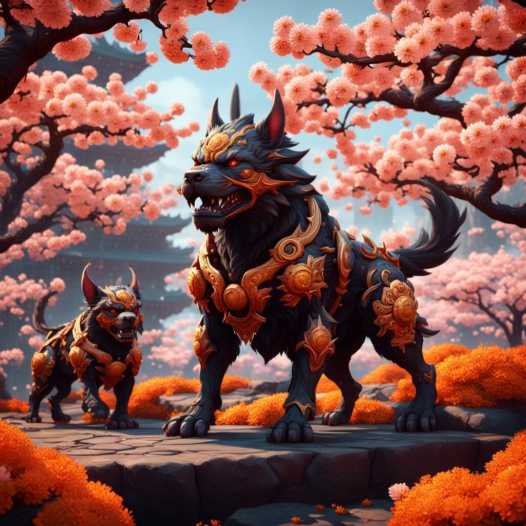 Orange Cherry Blossom Cerberus in Detailed Matte Painting