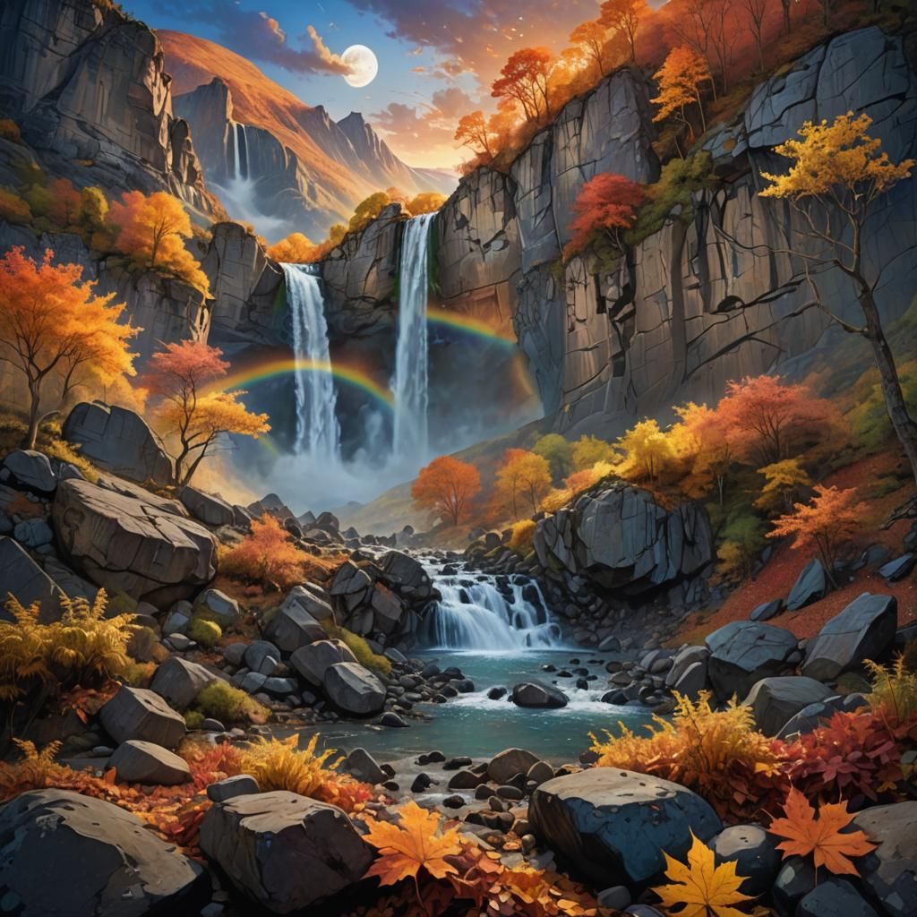 Surreal Fantasy Landscape with Rainbow Waterfalls