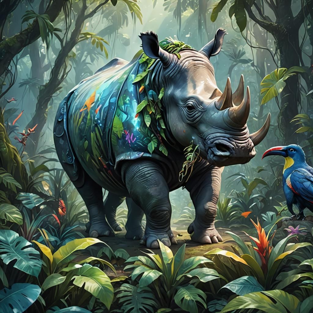 Rhino Toucan Octopus Hybrid in Jungle Concept Art