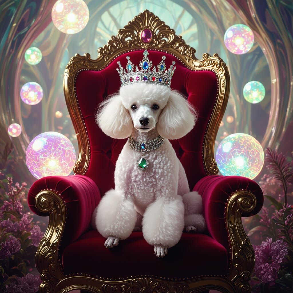 Poodle Queen in Surreal Palace with Gemstone Crown