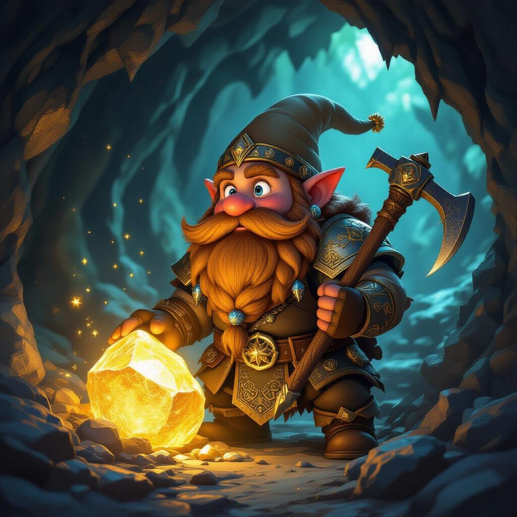 Dwarf Hero Discovers Glowing Gold Nugget in Crystal Cave