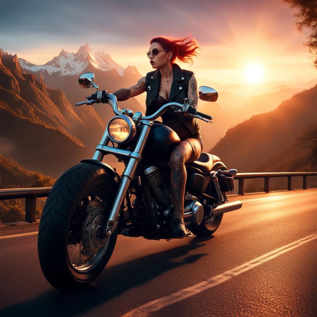 Sunset Ride: Tattooed Woman on Harley, Detailed Painting
