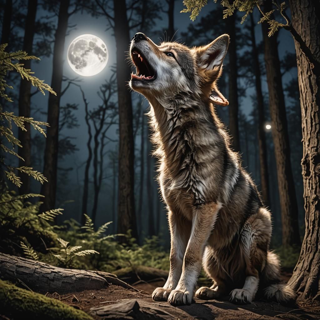 Wolf Cub Howling at the Moonlit Forest