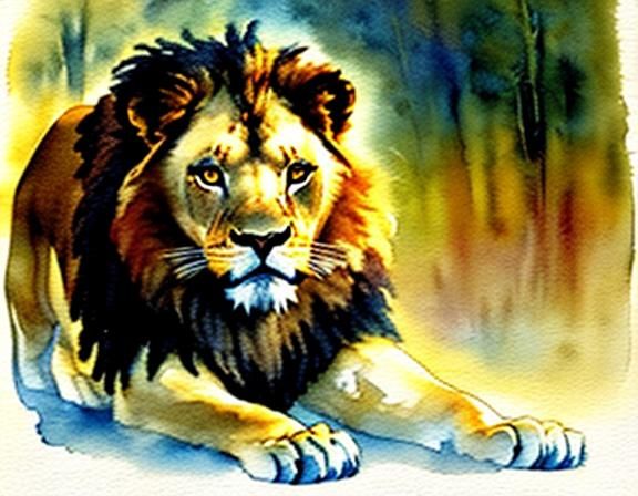Majestic Lion Hunting in Savannah, Soft Watercolor Painting